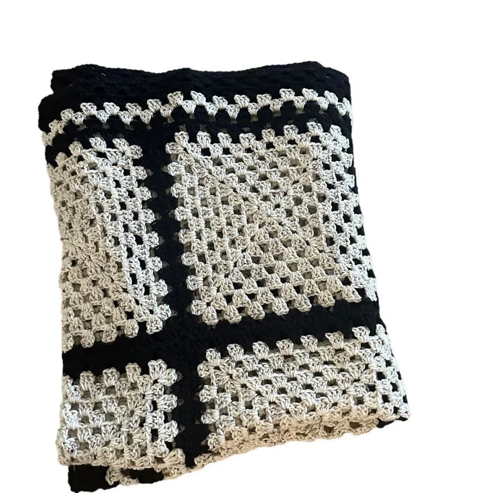 Handmade Crochet Throw Blanket Granny Blanket Sweater Style Beige Black